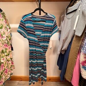 Sustainable Navy and Aqua Striped Wrap Midi Dress size Large NWT